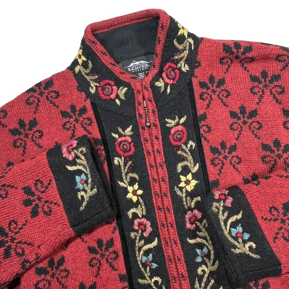 Icelandic Design Full Zip Wool Jacket Womens Large Floral Embroidered Vintage